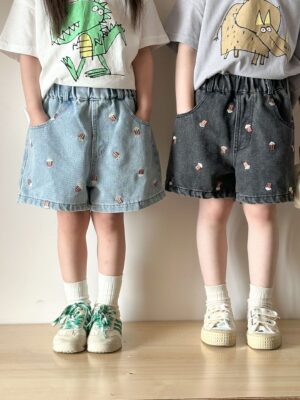 爆米花刺繡牛仔短褲